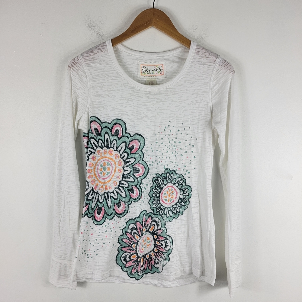 Aventura Floral Polka Dot Boho Burnout Long Sleeve Crew Neck Tee Shirt